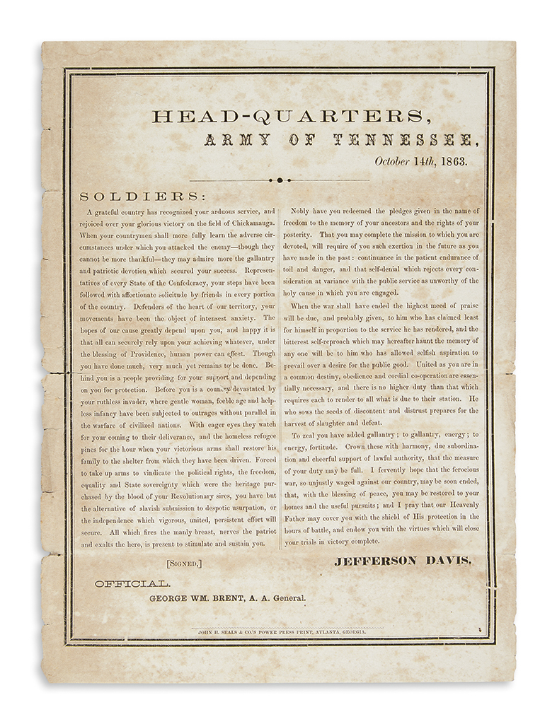 Appraisal: CIVIL WAR--CONFEDERATE Davis Jefferson Open letter to the soldiers of