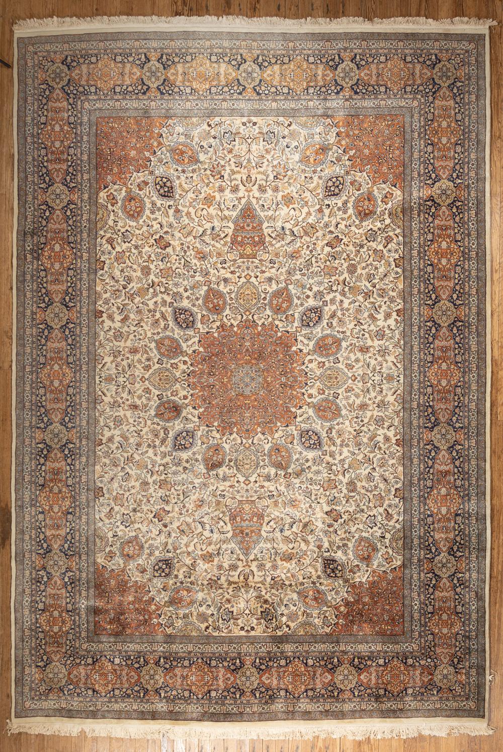 Appraisal: Fine Persian Carpet central medallion cream and red ground floral