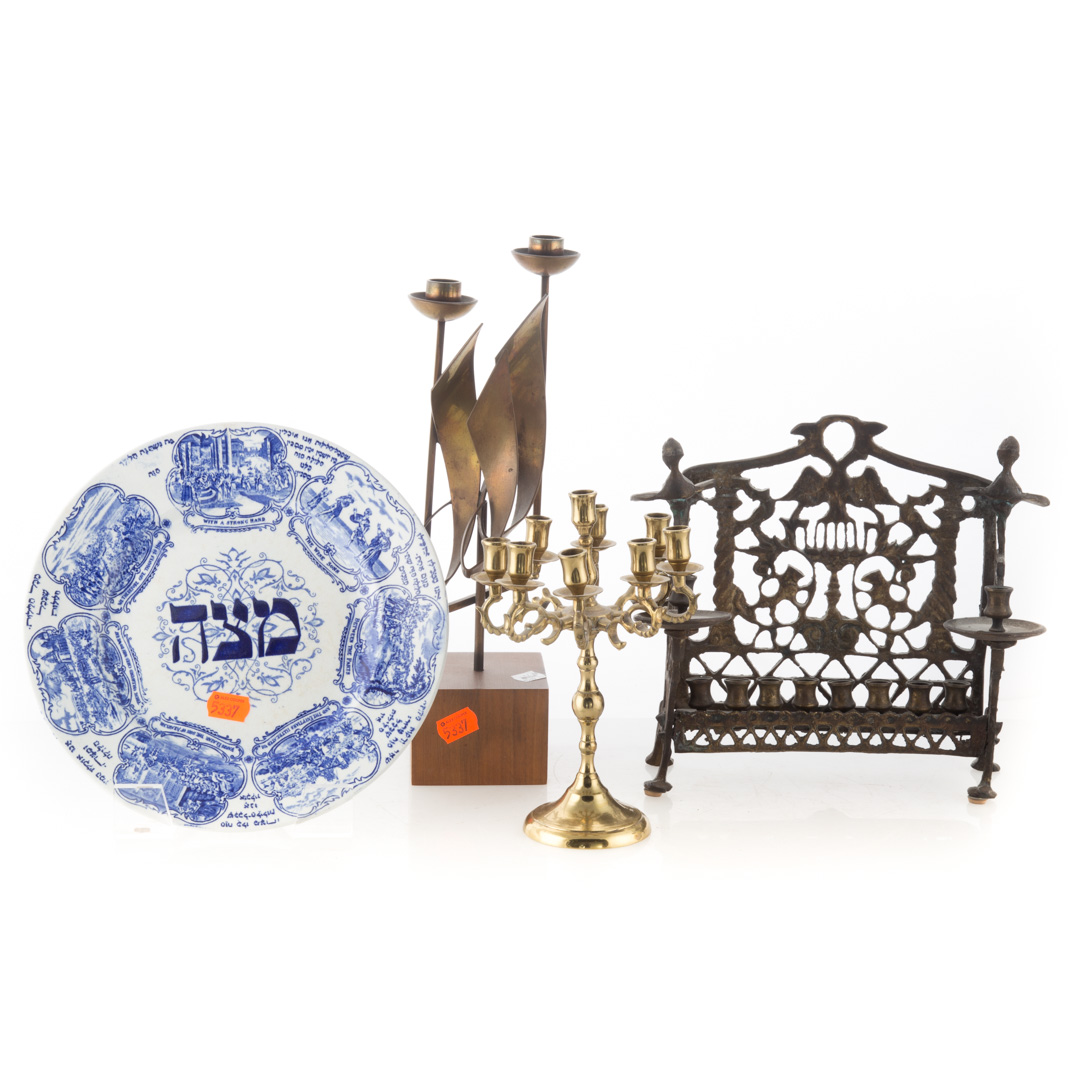 Appraisal: Two Judaica brass Menorahs and transfer plate together with a