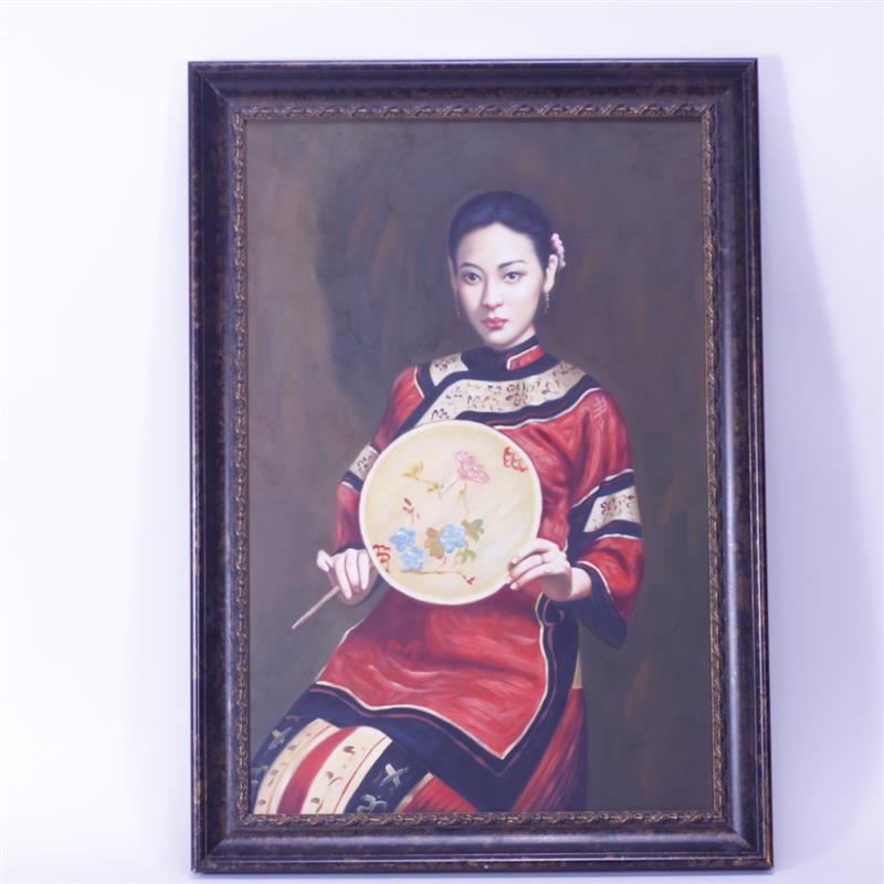 Appraisal: Decorative portrait of a young Asian woman with fan oil