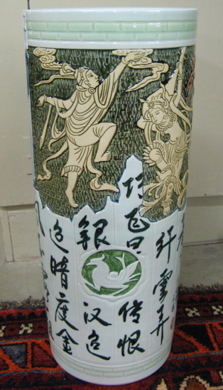 Appraisal: CHINESE GLAZED POTTERY UMBRELLA STAND the cylindrical vessel decorated on