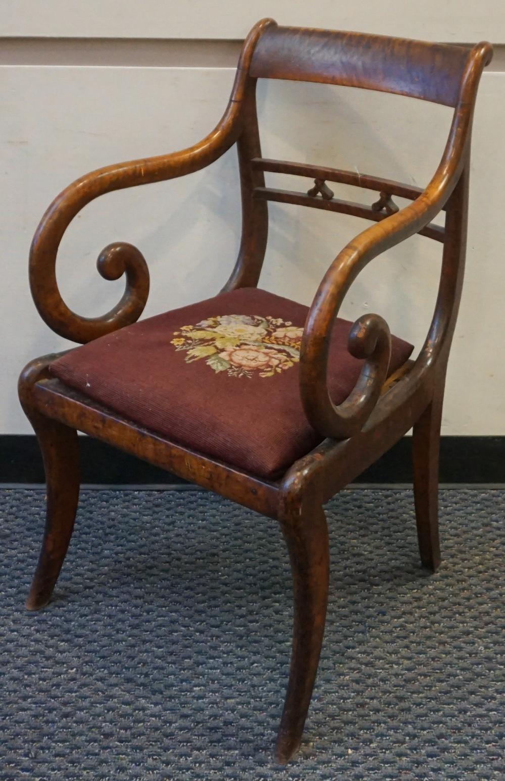 Appraisal: PHILADELPHIA FEDERAL FIGURED MAPLE FLORAL NEEDLEPOINT SEAT ARMCHAIR CIRCA Philadelphia