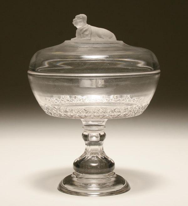 Appraisal: Pressed glass compote raised pattern on base frosted reclining dog