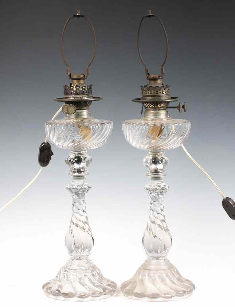 Appraisal: PAIR GLASS KEROSENE LAMPS - Pair of 'Bar Harbor' Molded