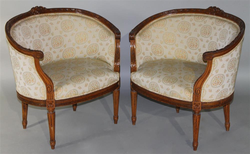 Appraisal: PAIR OF LOUIS XVI STYLE CARVED BEECHWOOD BERGERES each having