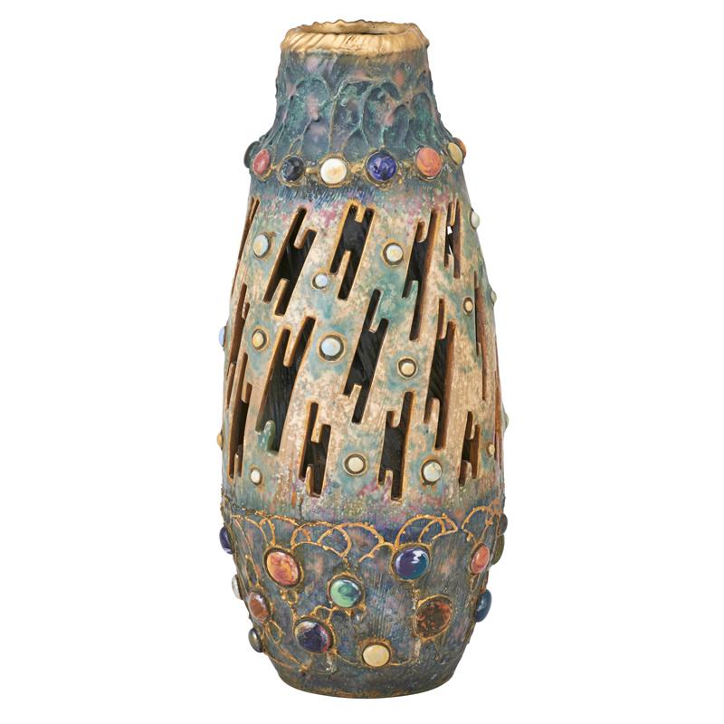 Appraisal: AUSTRIAN JEWELED AMPHORA VASE Reticulated design with gilded rim and