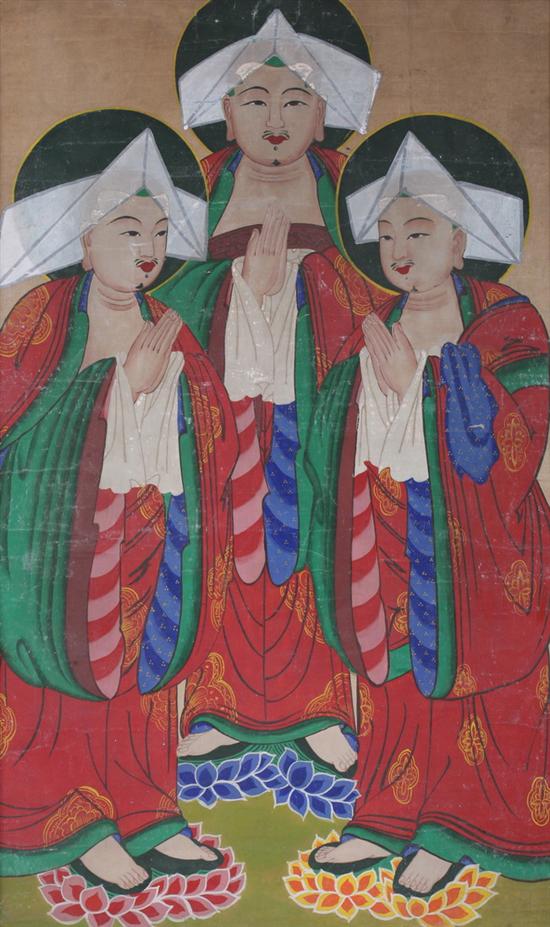 Appraisal: ANONYMOUS Korean th century THREE IMMORTALS ink and color on