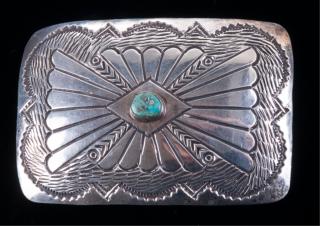 Appraisal: Albert Bighand Sterling Turquoise Belt Buckle Albert Bighand American Navajo