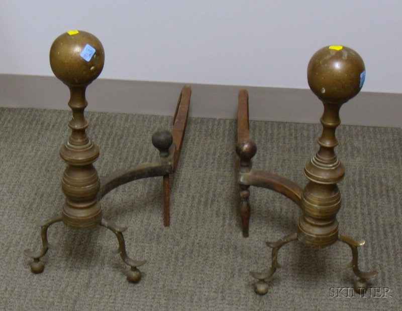 Appraisal: Pair of Brass Ball-top Ring-turned Andirons