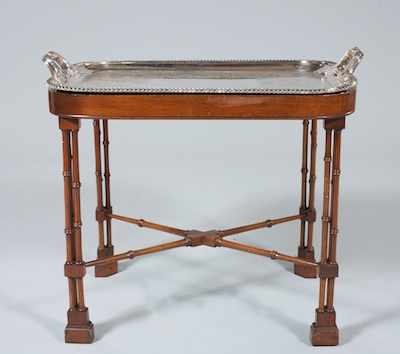 Appraisal: A Chippendale Style Mahogany Bamboo Serving Table with Removable Silver