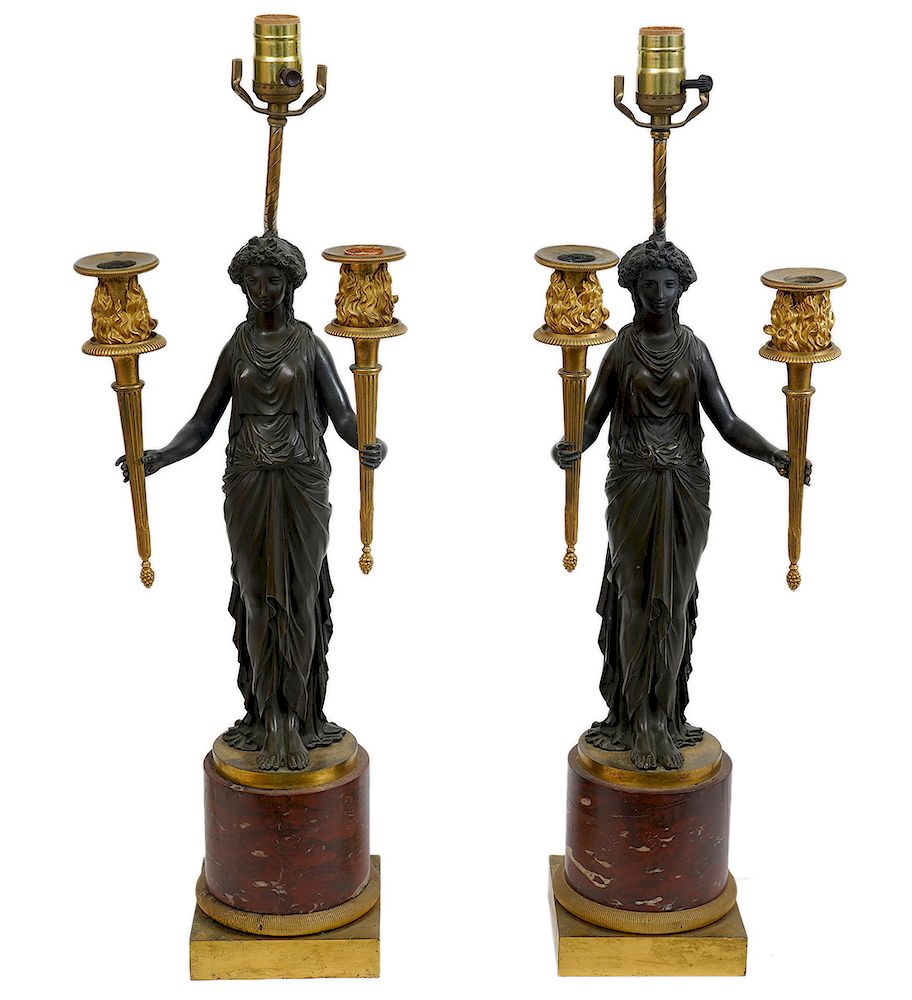 Appraisal: Pr French Empire Gilt Patinated Candelabras Pair of French Empire