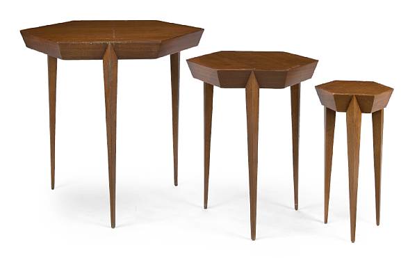 Appraisal: A Lloyd Wright nest of three walnut veneered hexagonal tables