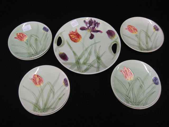 Appraisal: pc German Majolica Dessert Set '' handled cake plate with