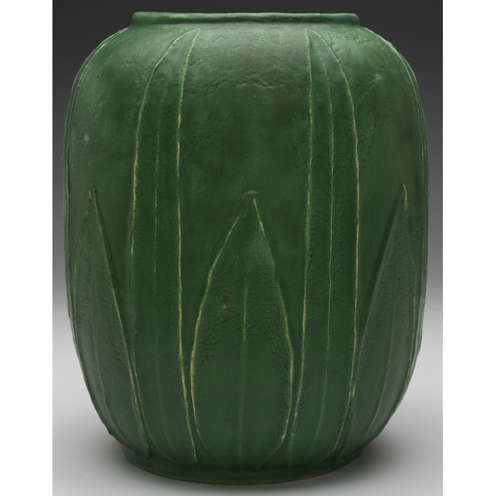 Appraisal: Grueby vase nice shape with carved vertical leaves covered in