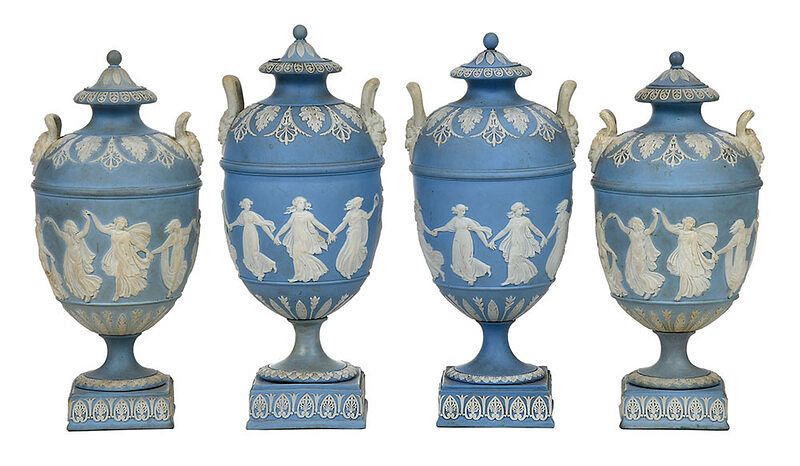 Appraisal: Four Finely Decorated Wedgwood Jasperware Urns British th century two