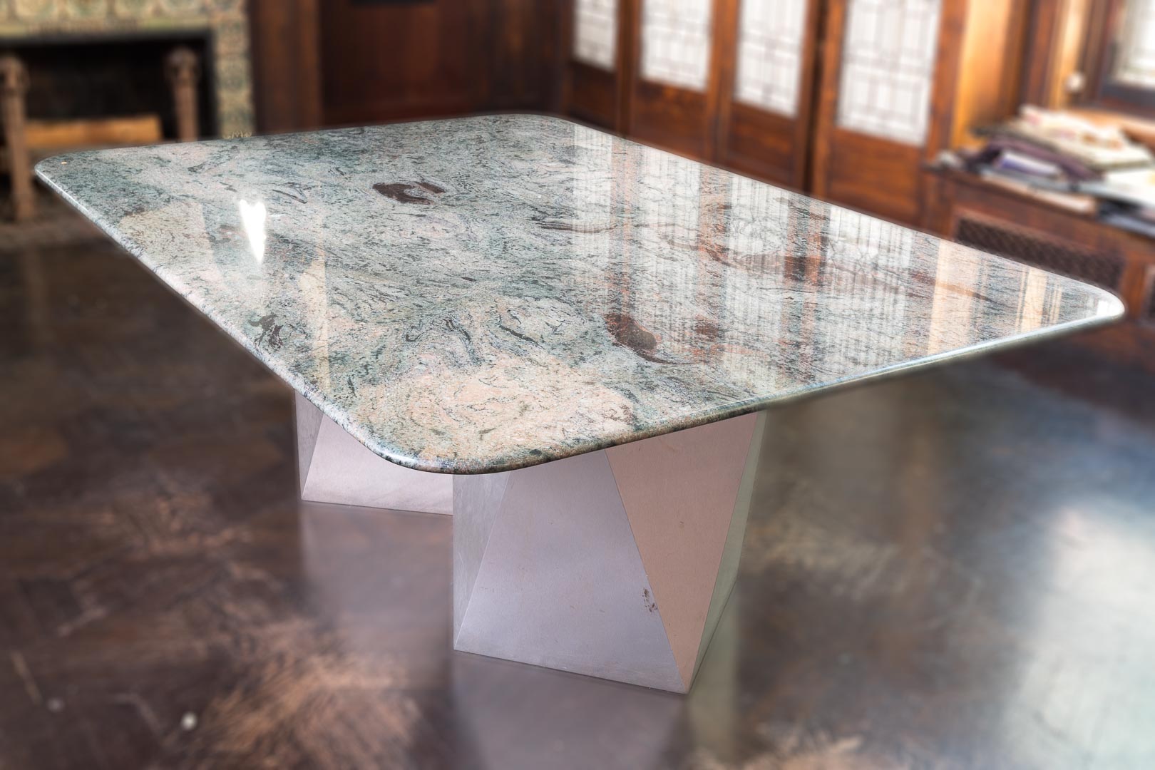 Appraisal: Contemporary marble dining table th century variegated green marble top