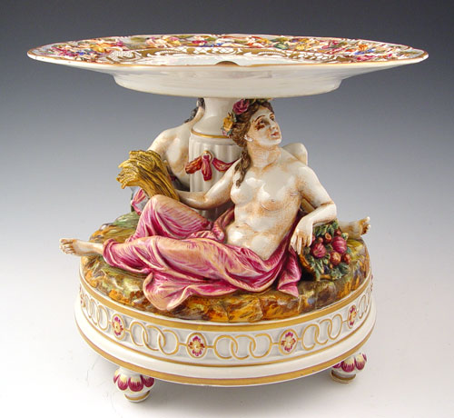 Appraisal: ORNATE FIGURAL CAPO-DI-MONTE COMPOTE Two detailed figures support a plate