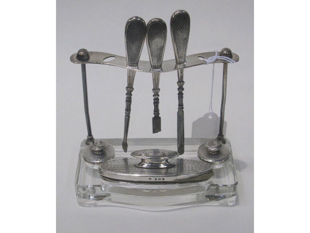 Appraisal: Part silver manicure set in stand Birmingham