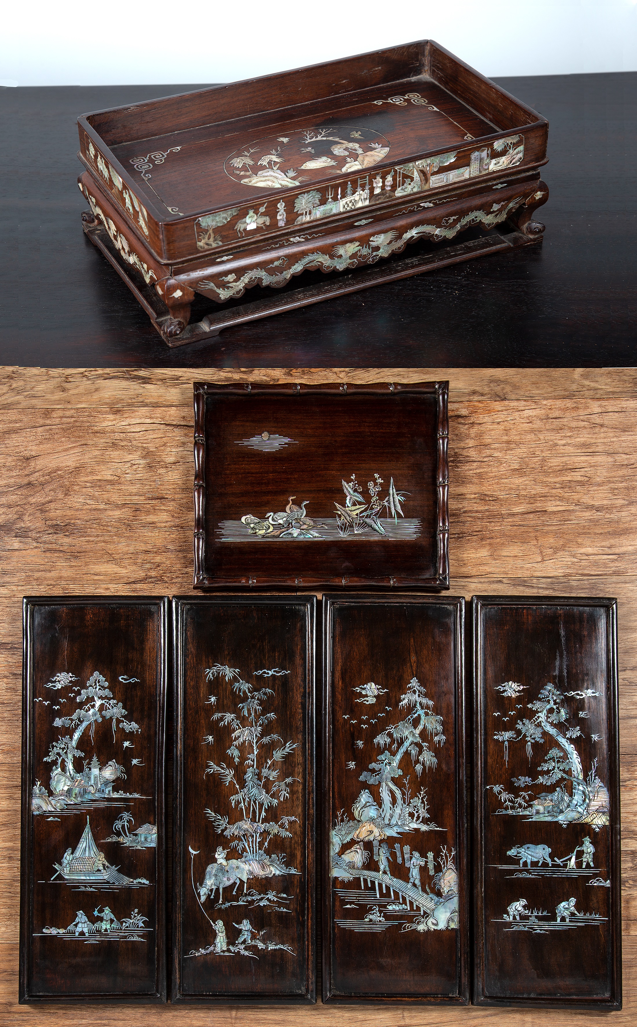 Appraisal: Group of mother-of-pearl hardwood trays Chinese th th Century comprising