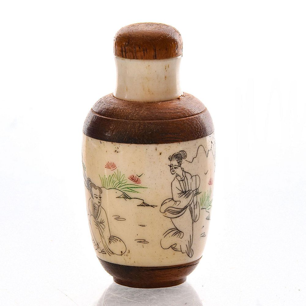 Appraisal: RARE WOODEN AND CERAMIC HAND DECORATED SNUFF BOTTLE Chinese writing