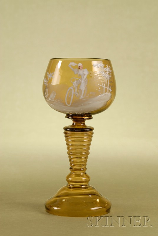 Appraisal: Bohemian Enameled Amber Glass Goblet early th century depicting a