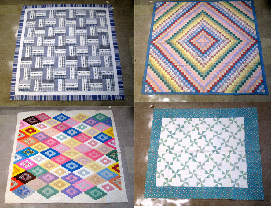 Appraisal: FOUR COLLECTIBLE QUILTS the first having colorful patches forming an