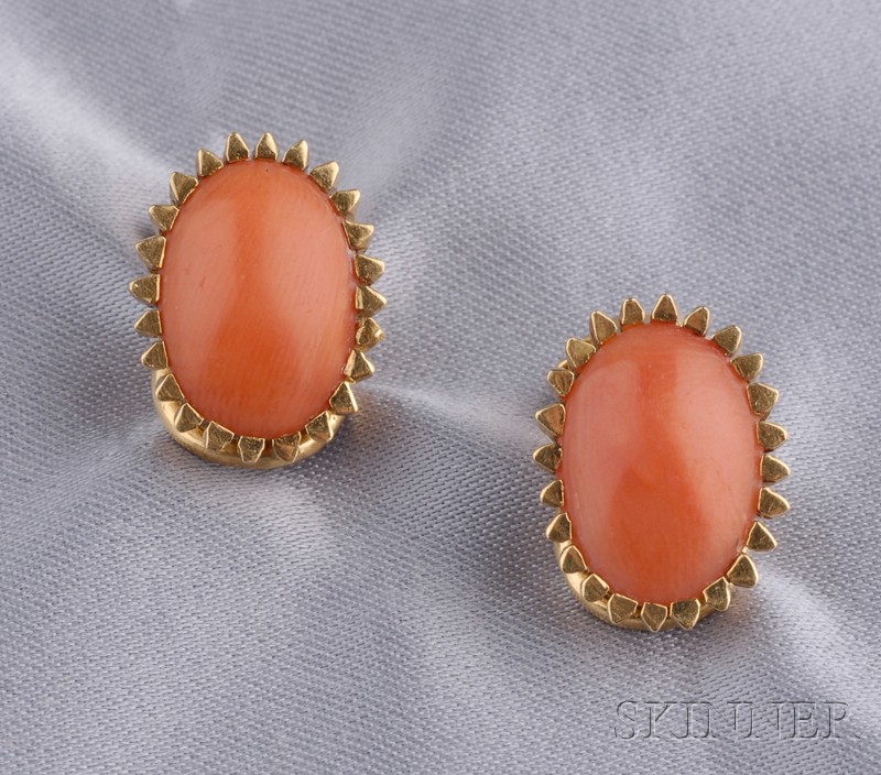 Appraisal: kt Gold and Coral Earclips each set with an oval