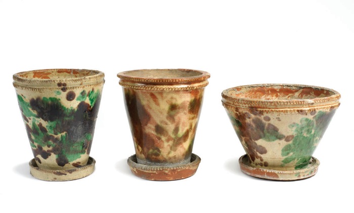 Appraisal: THREE REDWARE SHENANDOAH VALLEY VIRGINIA FLOWERPOTS WITH MOTTLED GLAZE Height