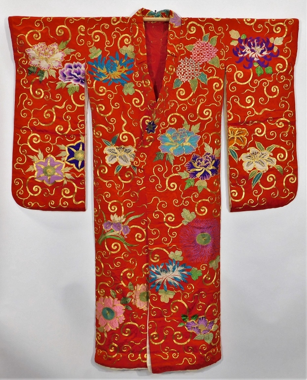 Appraisal: JAPANESE EDO PERIOD RED AND GOLD UCHIKAKE KIMONO Japan Circa