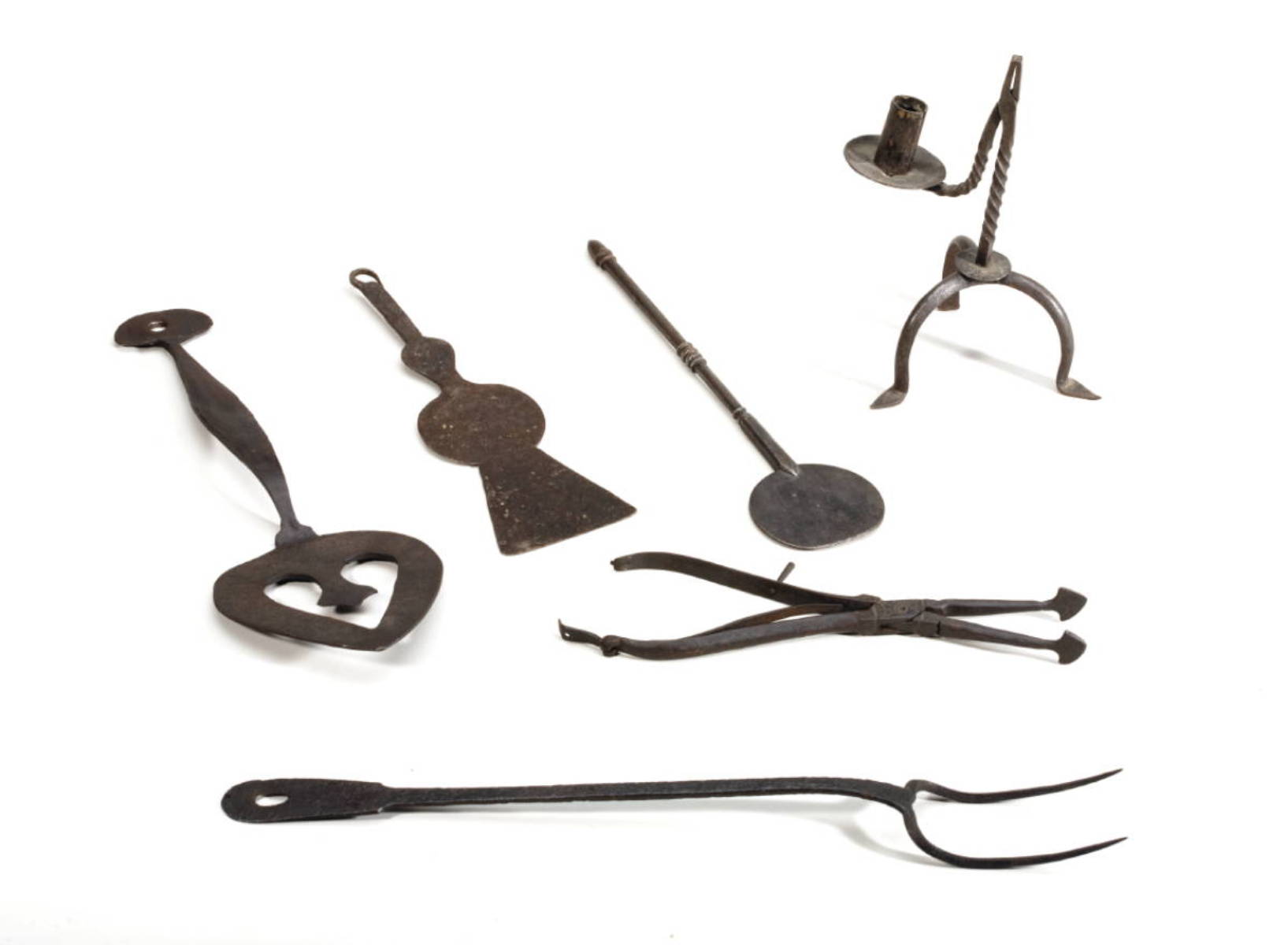 Appraisal: SIX WROUGHT-IRON HEARTH UTENSILS INCLUDING A RUSH LIGHT HOLDER Together