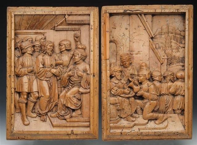 Appraisal: A PAIR OF EARLY FLEMISH LIME WOOD PANELS each carved