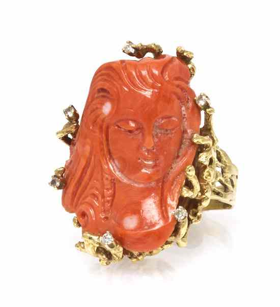 Appraisal: A Karat Yellow Gold Coral and Diamond Ring consisting of