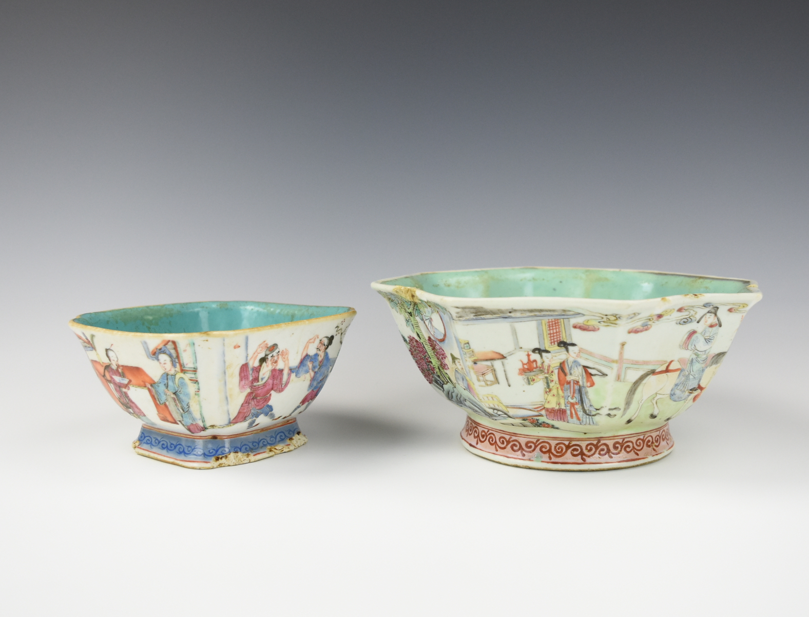 Appraisal: TWO CHINESE FAMILLE ROSE STEM BOWLS TH C Chinese th