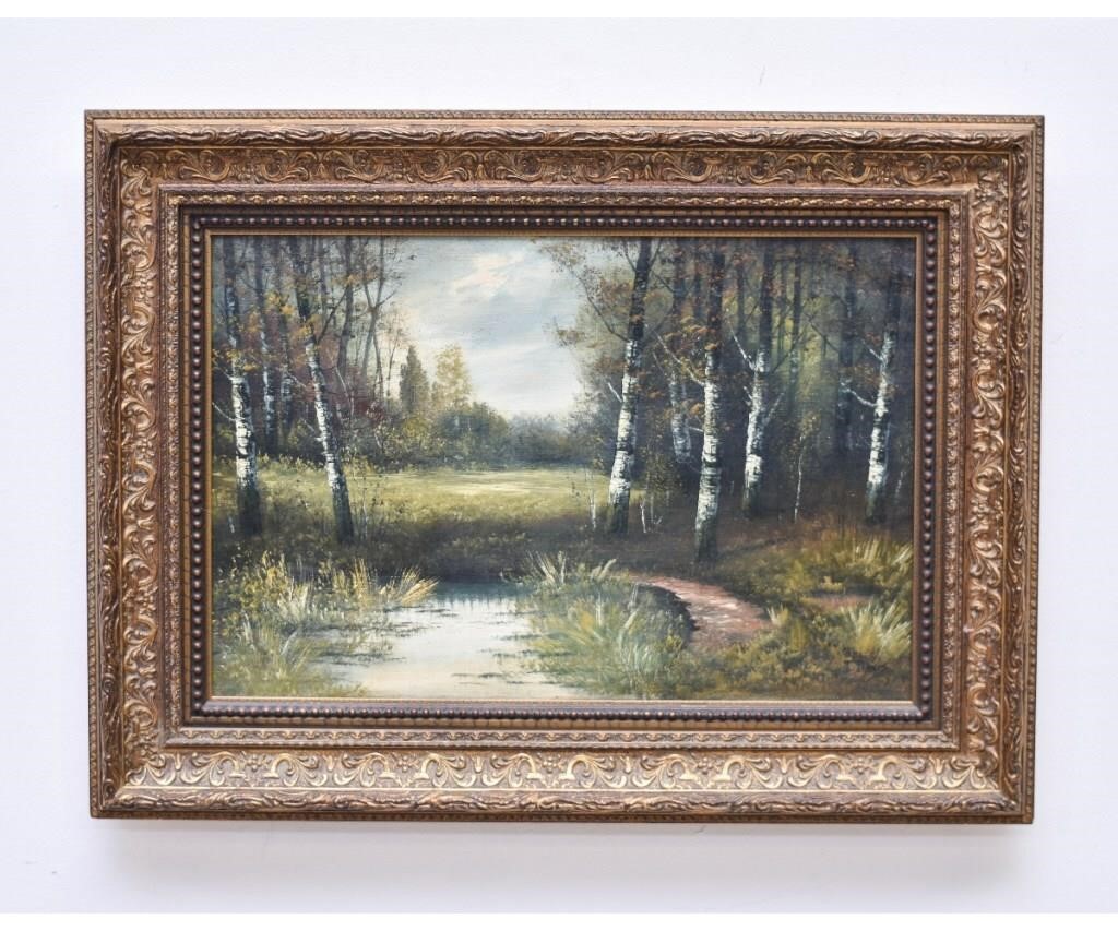 Appraisal: J Davis oil on canvas dusk landscape with stream and