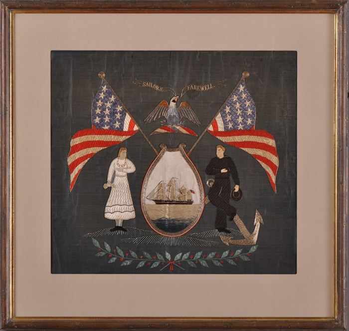 Appraisal: SAILORS FARWELL Depicting a three-masted American ship worked in silk