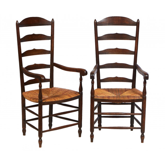 Appraisal: Pair of French Provincial Carved Oak Ladderback Rushseat Armchair early