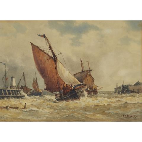 Appraisal: Frederick James Aldridge - FISHING BOATS ROUNDING A PORT WITH