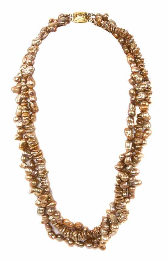 Appraisal: A Triple Strand Dyed Cultured Freshwater Baroque Pearl Necklace strung