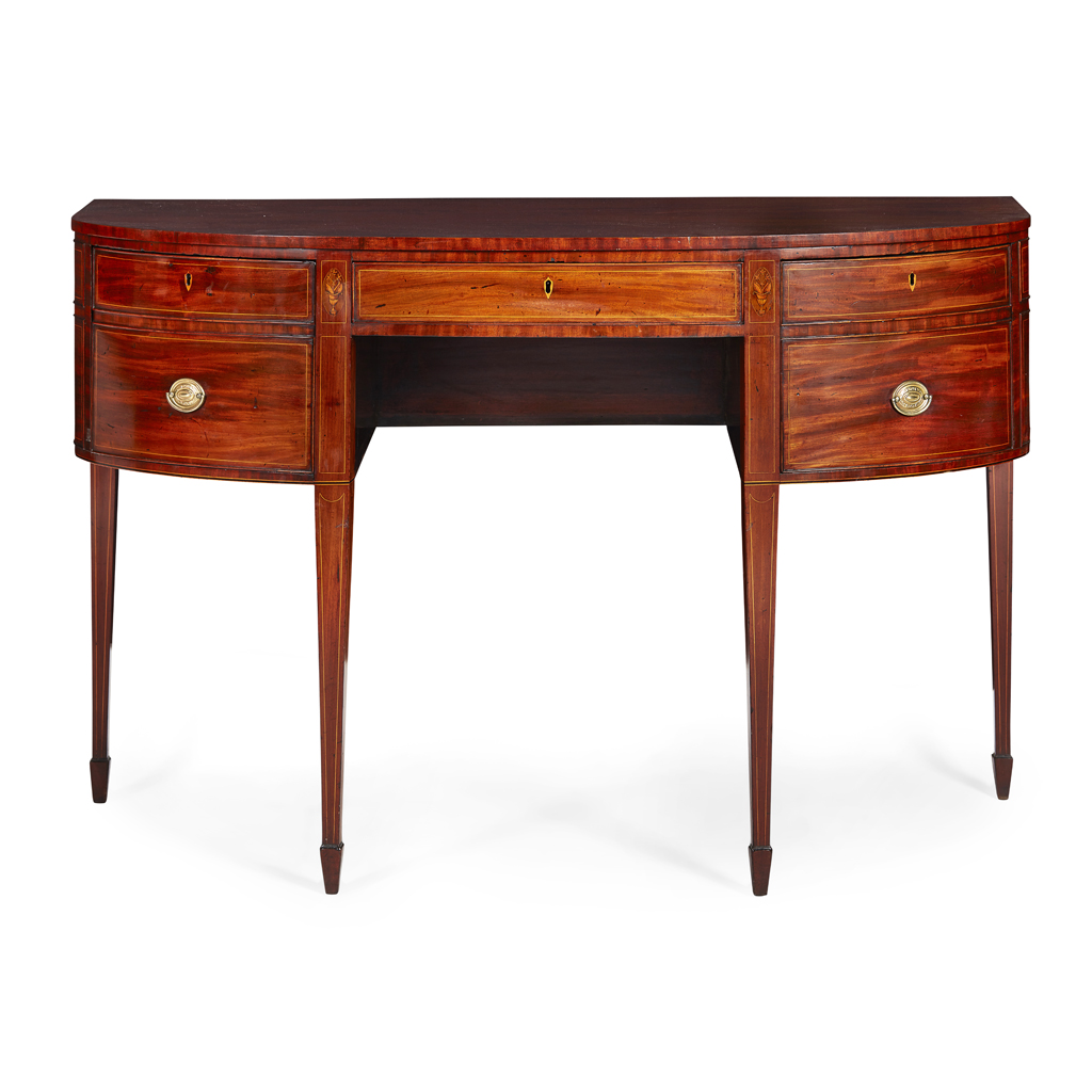 Appraisal: GEORGE III MAHOGANY SMALL SIDEBOARD CIRCA of semi-bowed form with