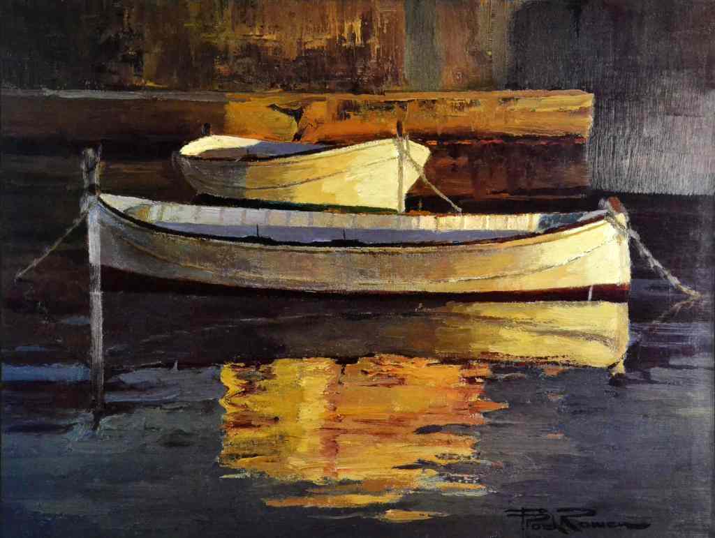 Appraisal: Brock Rowen Acrylic Canvas GicleeDepicting boats tied together '' H