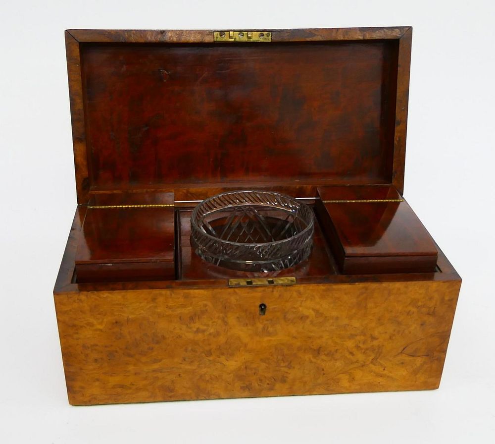 Appraisal: ANTIQUE BURLED WOODEN ENGLISH TEA CADDY Handed down generations compartments