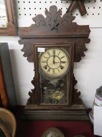 Appraisal: Waterbury Victorian Kitchen Clock heron butterfly stenciled design tall working