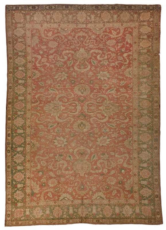 Appraisal: Turkish Sivas Rug orange field with green geometric floral designs