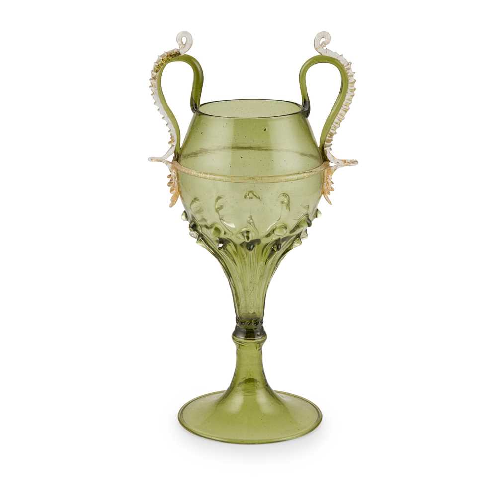 Appraisal: SALVIATI CO VENICE TWIN-HANDLED VASE CIRCA clear and green glass