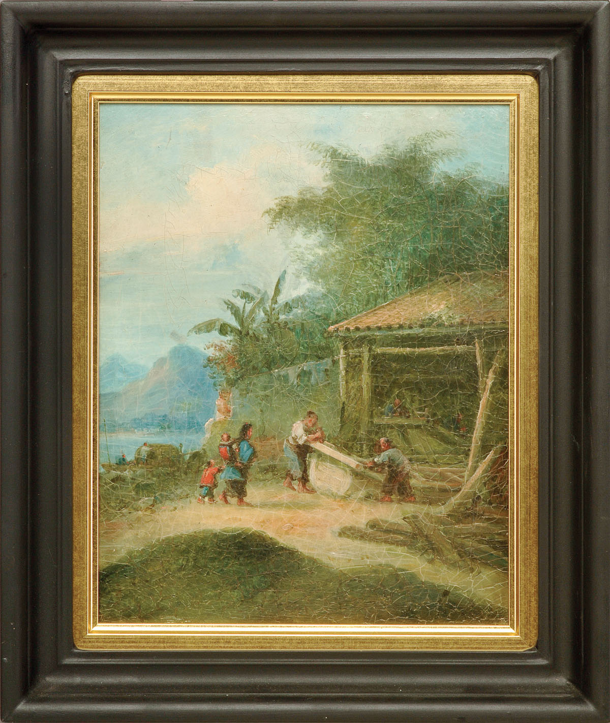 Appraisal: CHINA TRADE PAINTING OF VILLAGE CARPENTERS AT WORK Oil on