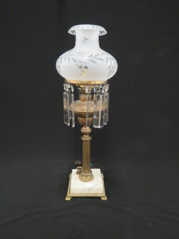 Appraisal: Antique Parlor Lamp etched and frosted shade cut crystal prisms