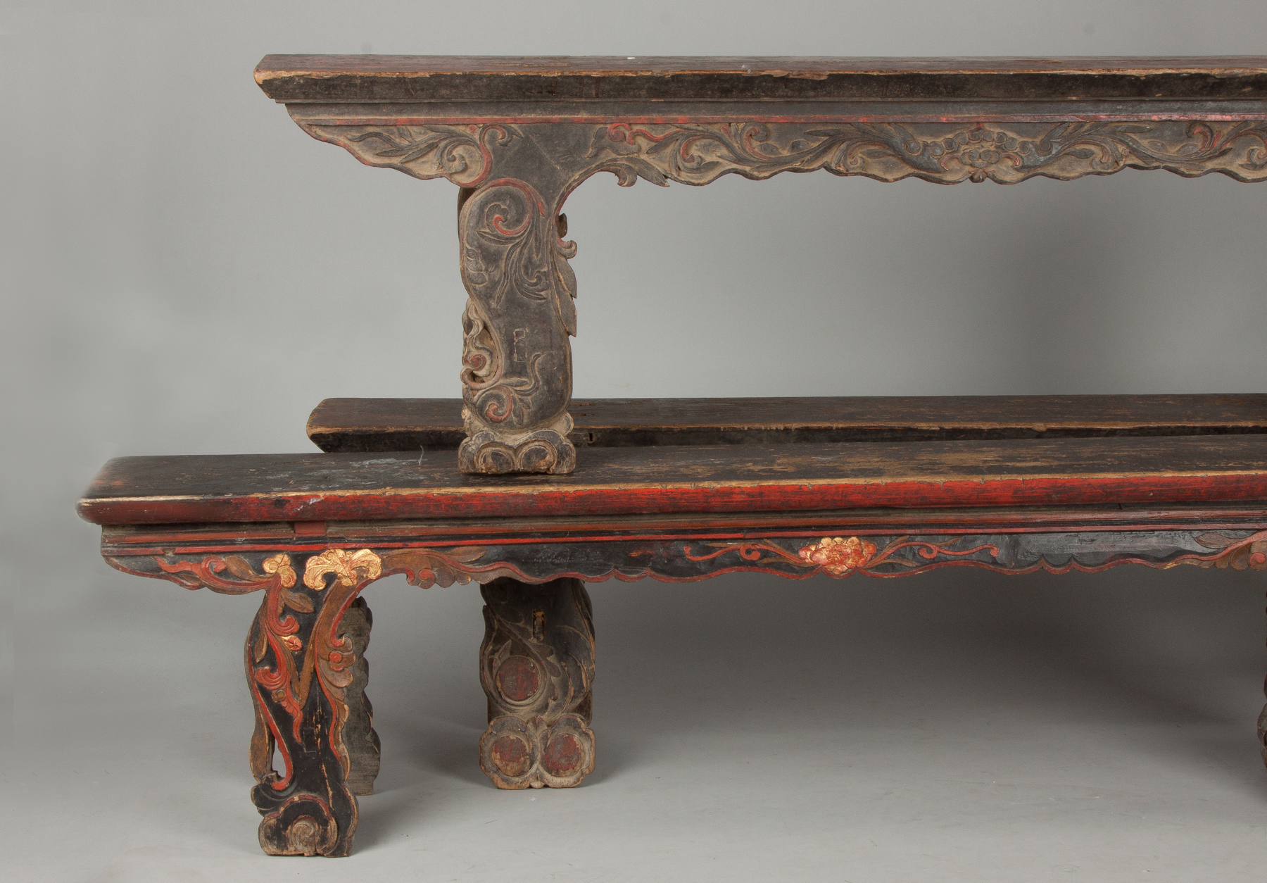 Appraisal: Three Chinese Carved Painted Benches