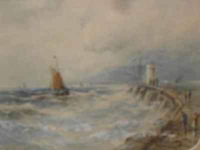 Appraisal: GUSTAVE DE BREANSKI Fishing Boat near a Jetty with Lighthouse