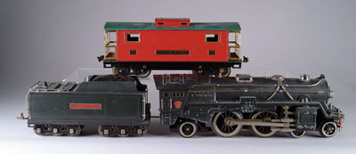 Appraisal: ORIGINAL LIONEL E loco W tender and caboose CONDITION paint