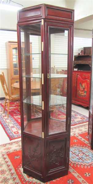 Appraisal: CHINESE GLASS AND CARVED ROSEWOOD CURIO CABINET hexagonal shape with